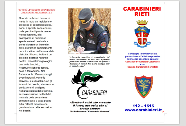 Campagna informativa prevenzione incendi -Carabinieri Rieti